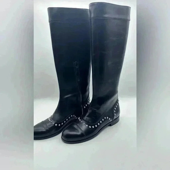 ALEXANDER McQUEEN Black Leather Metal Stud Detail Round-Toe Knee Boots 38 New* - Picture 6 of 16